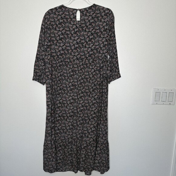 Loft Midi Dress Shift Floral Black Tiered Boho Medium Petite - Picture 2 of 9